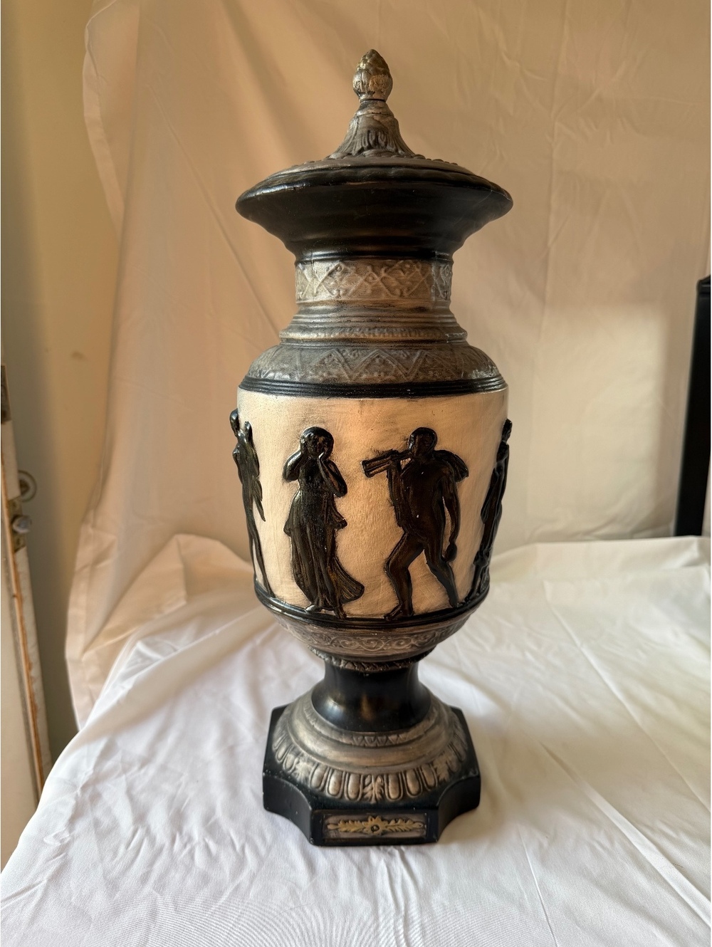 Vintage Neoclassical Greek Revival Lidded Urn Vase Relief Figures 18” Decor